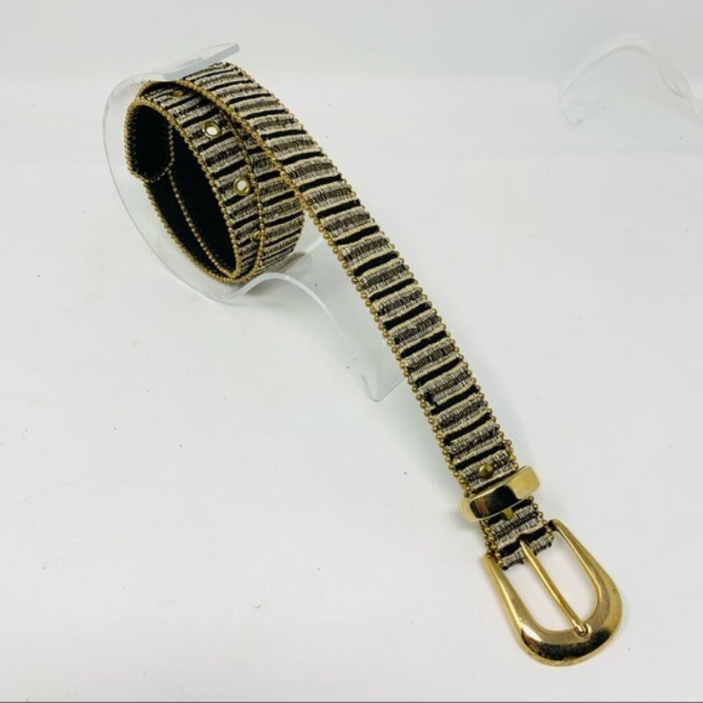 Elite black & gold stripe fabric leather belt Vtg Old Money Minimalist Mobwife